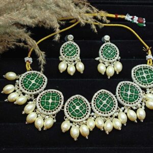 Kundan Studded Dark Green Gold Plated Choker Necklace Set
