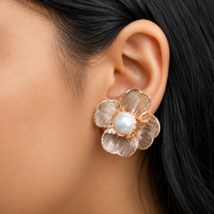 Gold-Toned Floral Pearl Earrings