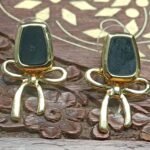Black Stone and Gold-Toned Bow Earrings