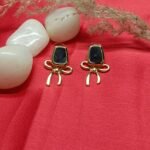 Black Stone and Gold-Toned Bow Earrings
