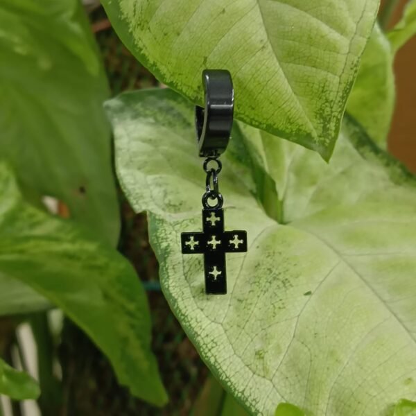 Men’s Black Hoop Earring with Cross Pendant