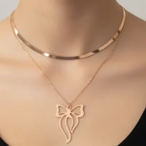 Elegant Rose Gold Bow Double-Layer Pendant