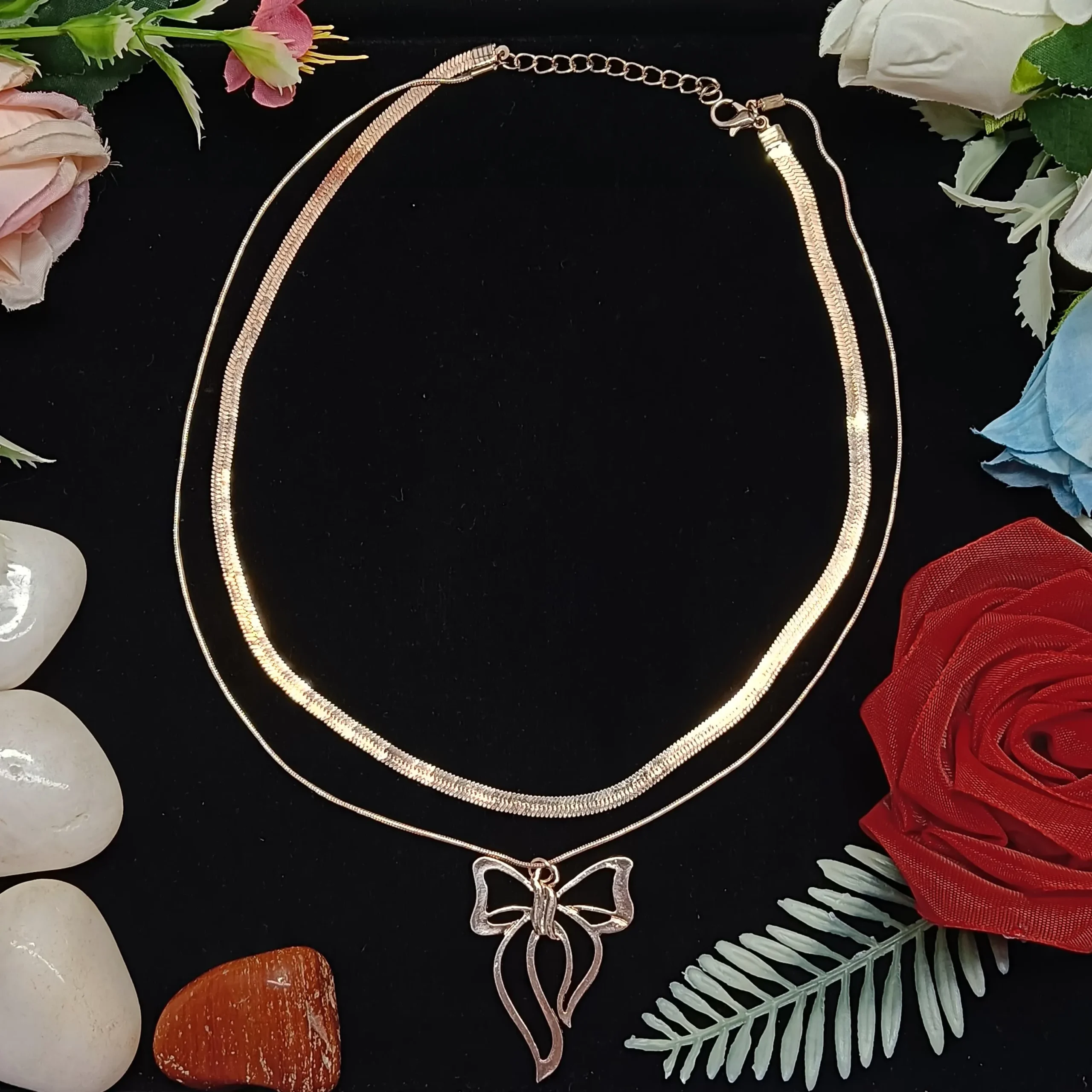 Elegant Rose Gold Bow Double-Layer Pendant