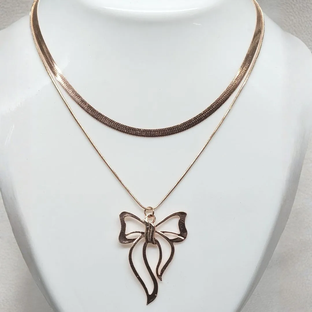 Elegant Rose Gold Bow Double-Layer Pendant