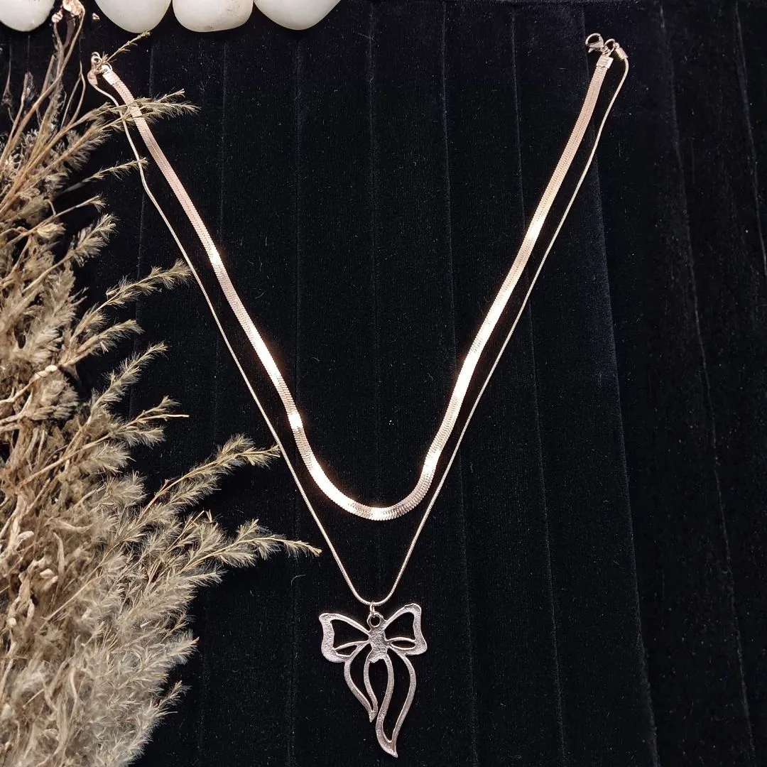 Elegant Rose Gold Bow Double-Layer Pendant