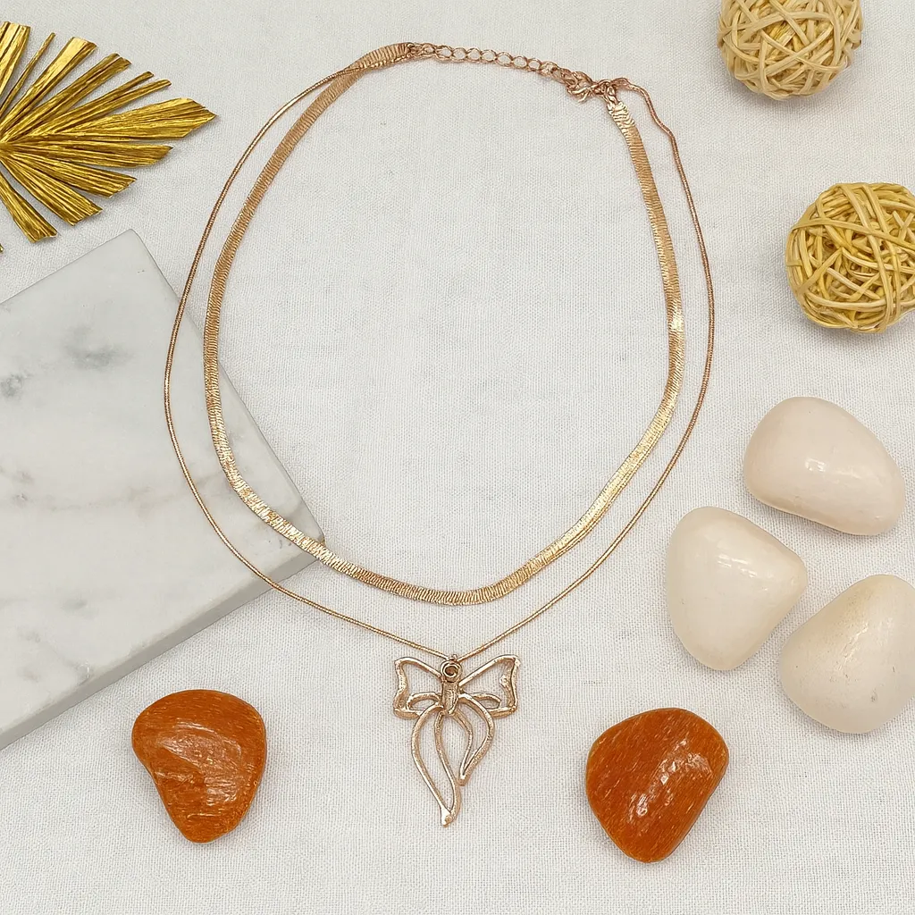 Elegant Rose Gold Bow Double-Layer Pendant