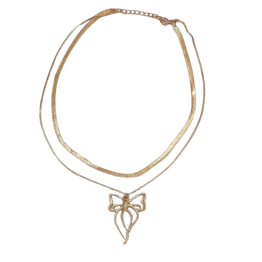 Elegant Rose Gold Bow Double-Layer Pendant