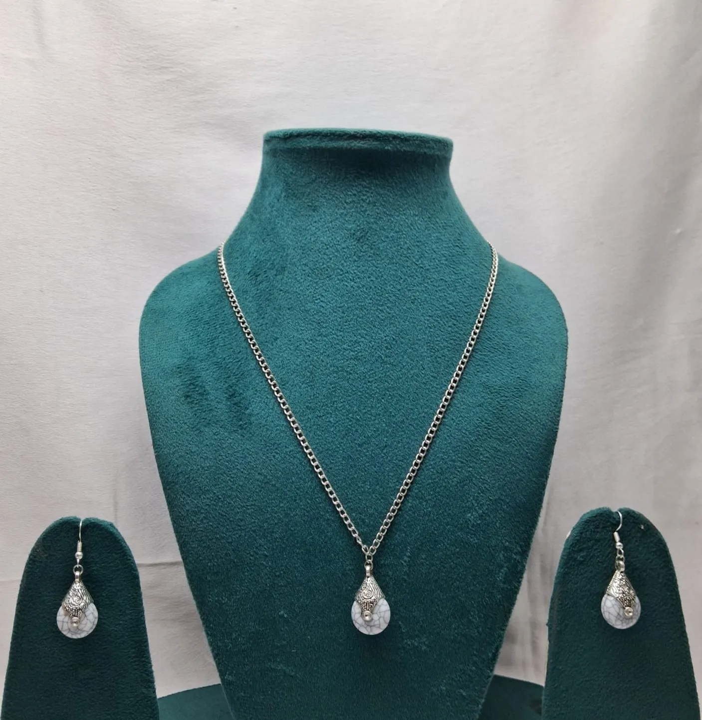Elegant Teardrop Grey Stone Pendant Set