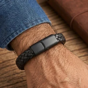 Black Wide Braided Leather Bracelet
