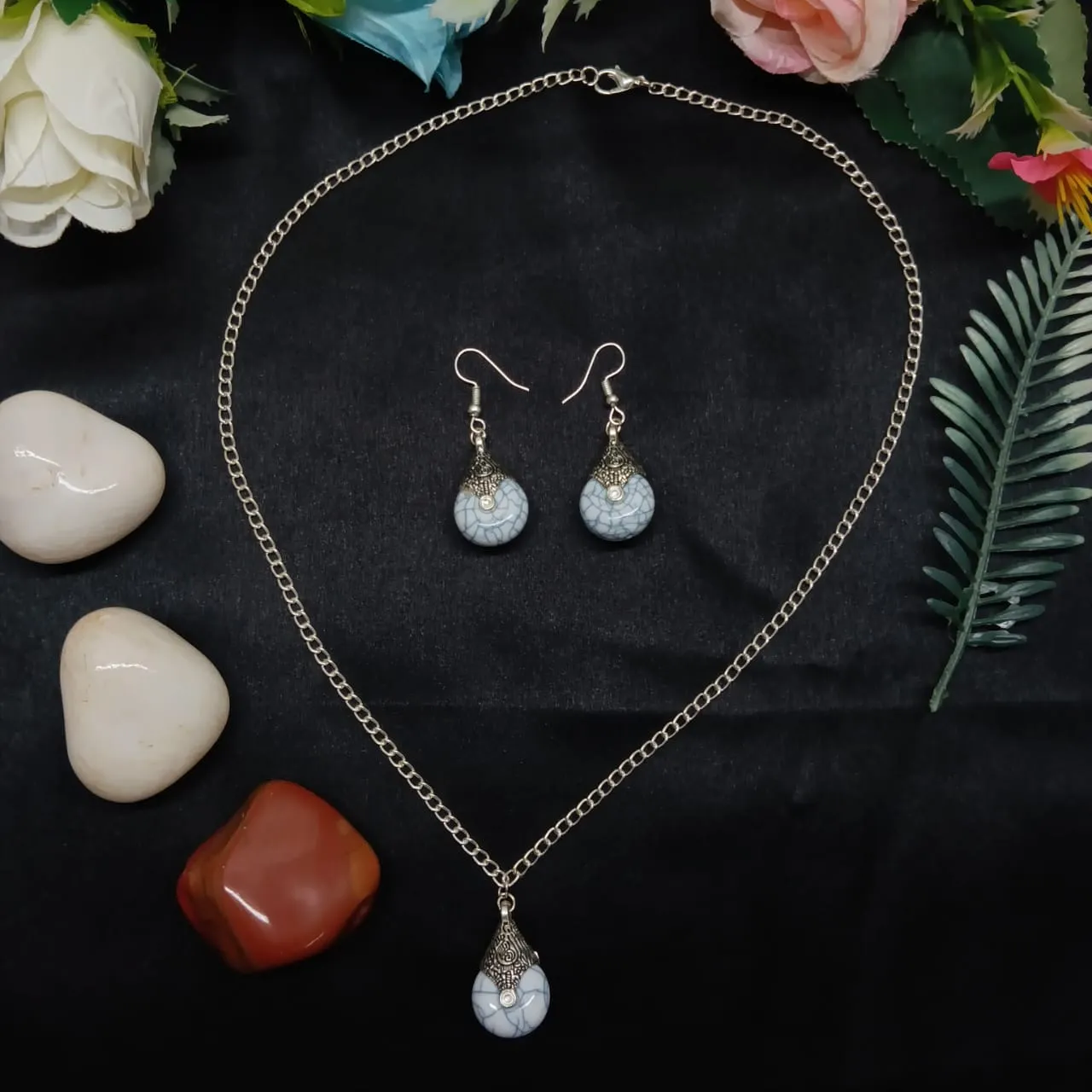 Elegant Teardrop Grey Stone Pendant Set
