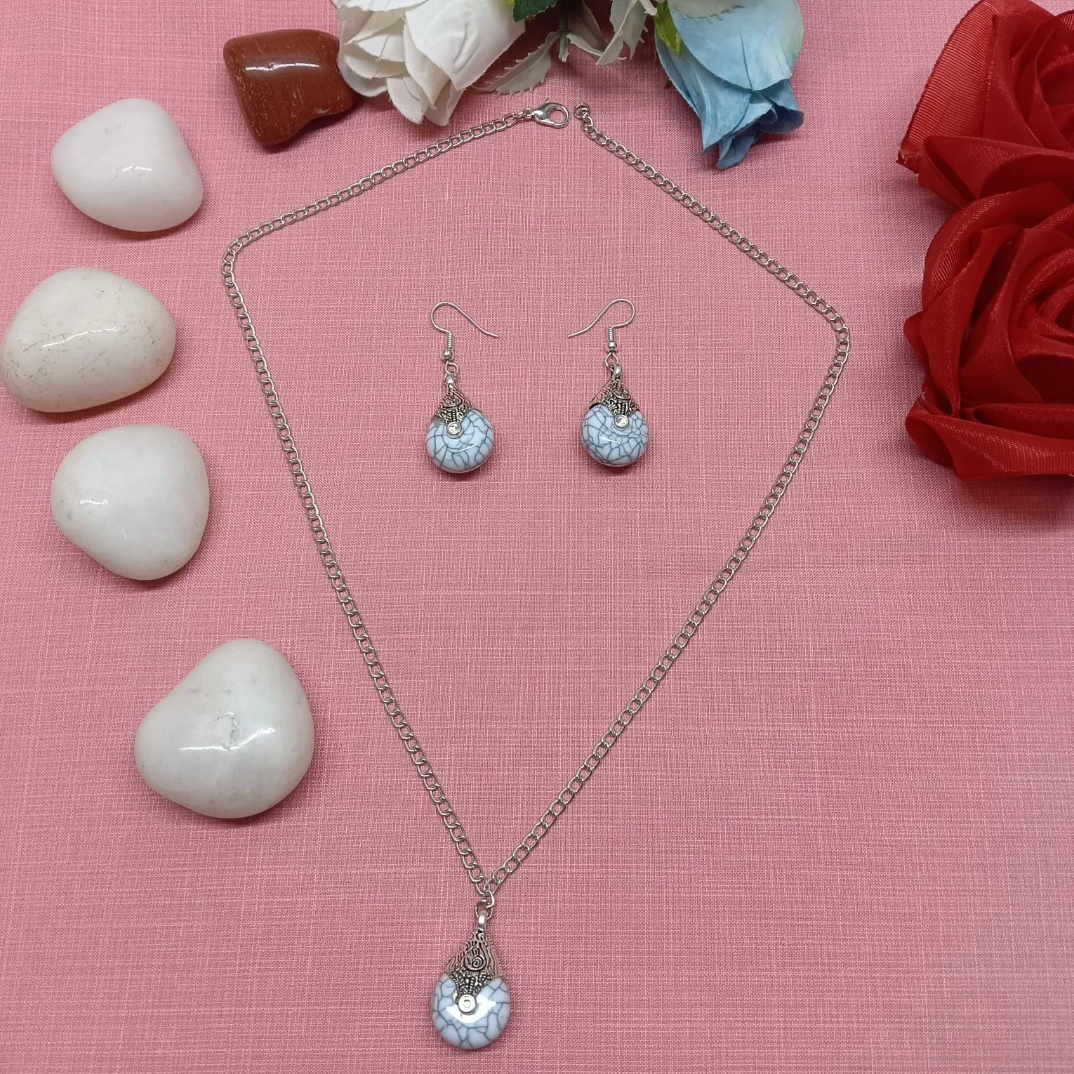 Elegant Teardrop Grey Stone Pendant Set