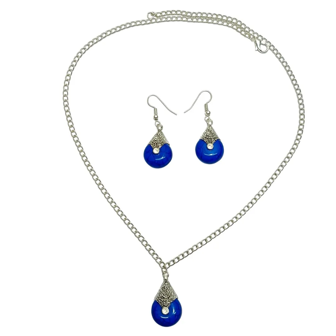 Silver-Toned Blue Pendant And Earring Set