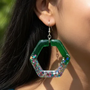 Handmade Green Glitter Resin Earrings