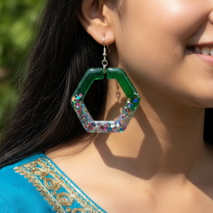 Handmade Green Glitter Resin Earrings