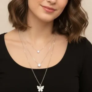 Triple Layer Silver Chain & Butterfly Charm