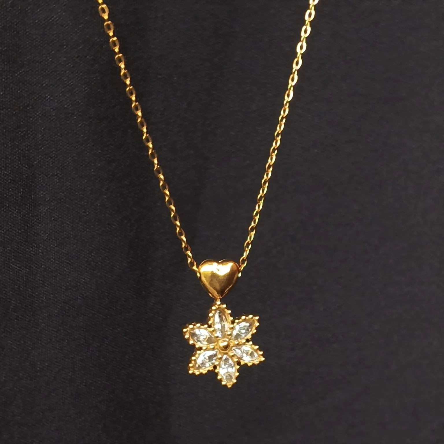 Minimal CZ Gold-Tone Floral & Heart Pendant