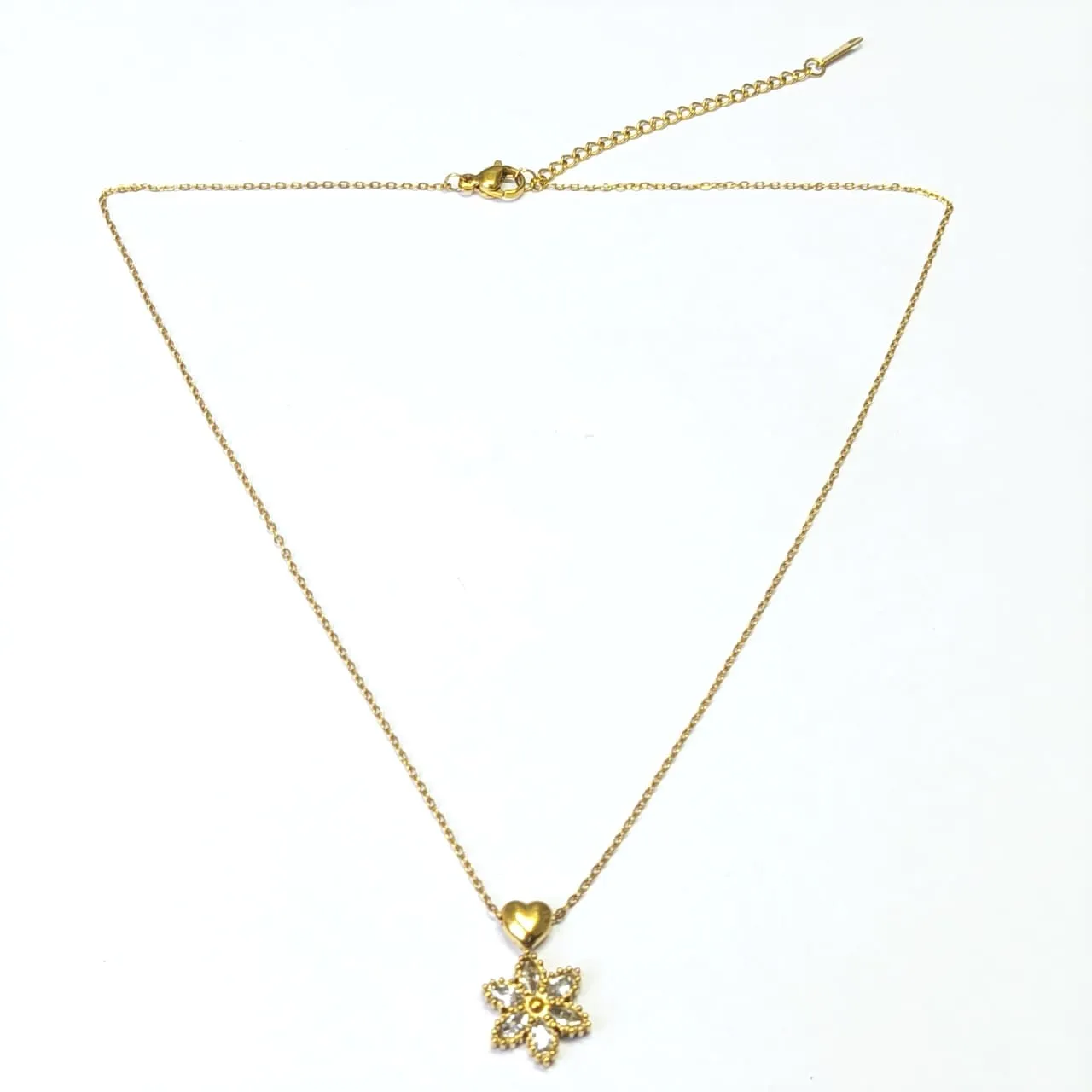 Minimal CZ Gold-Tone Floral & Heart Pendant
