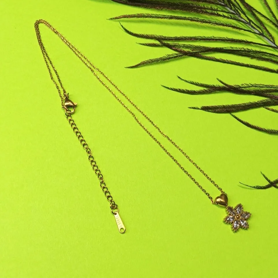 Minimal CZ Gold-Tone Floral & Heart Pendant