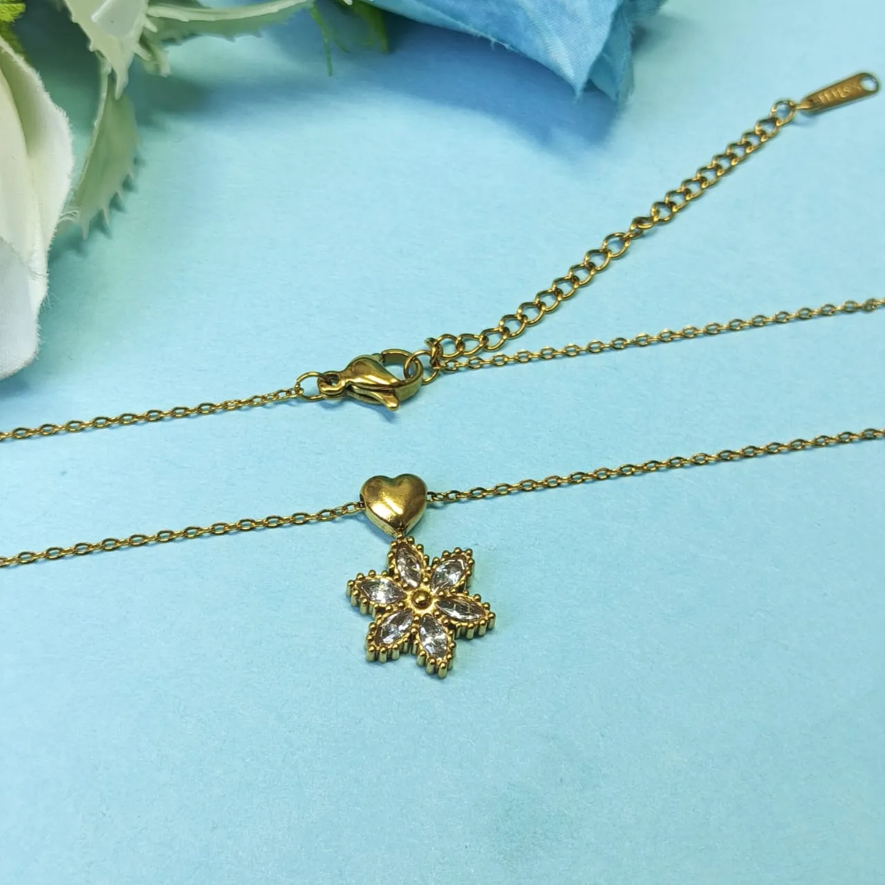 Minimal CZ Gold-Tone Floral & Heart Pendant