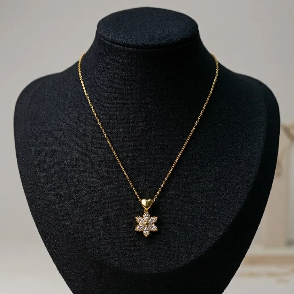 Minimal CZ Gold-Tone Floral & Heart Pendant