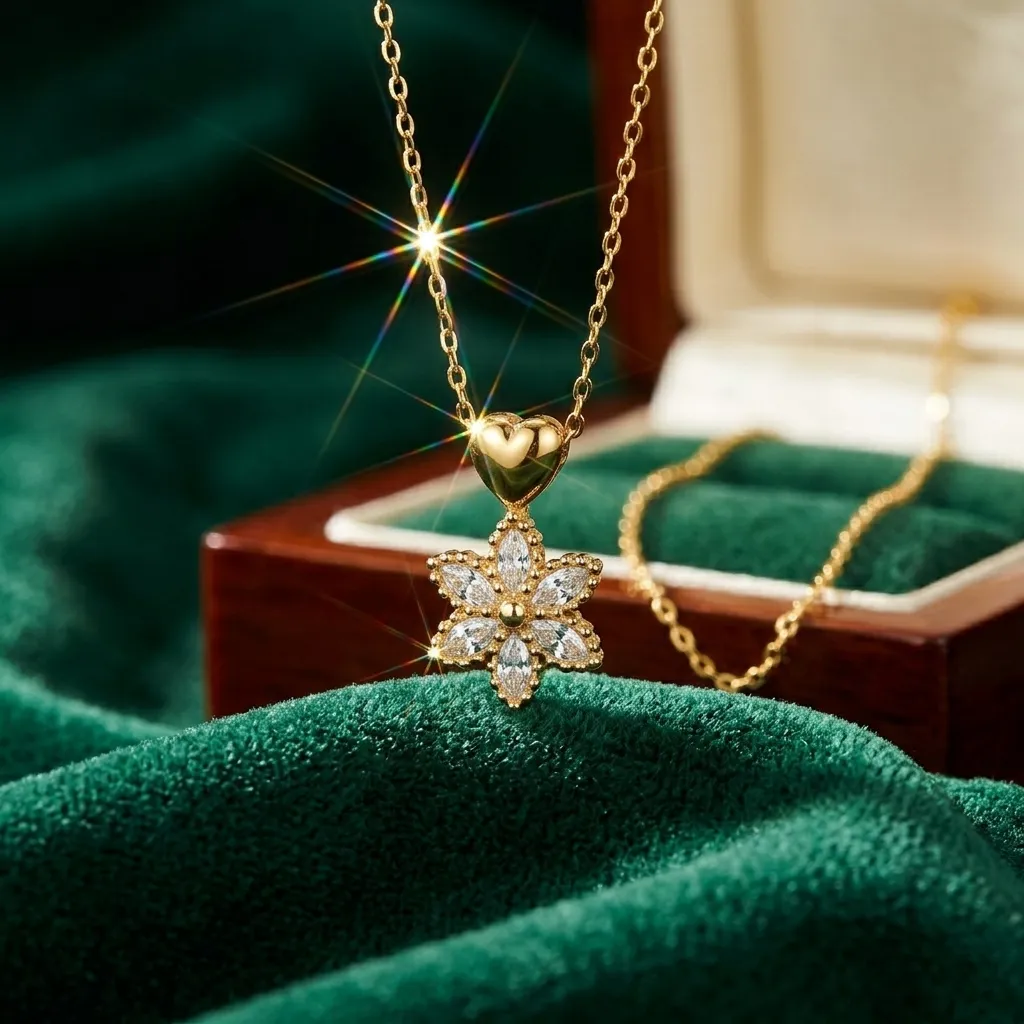 Minimal CZ Gold-Tone Floral & Heart Pendant