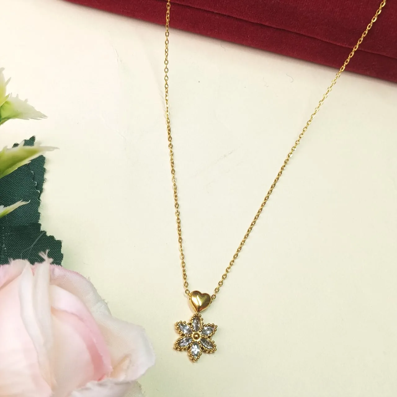 Minimal CZ Gold-Tone Floral & Heart Pendant