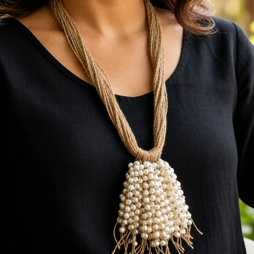 Multi-Strand Jute Necklace With Pearl