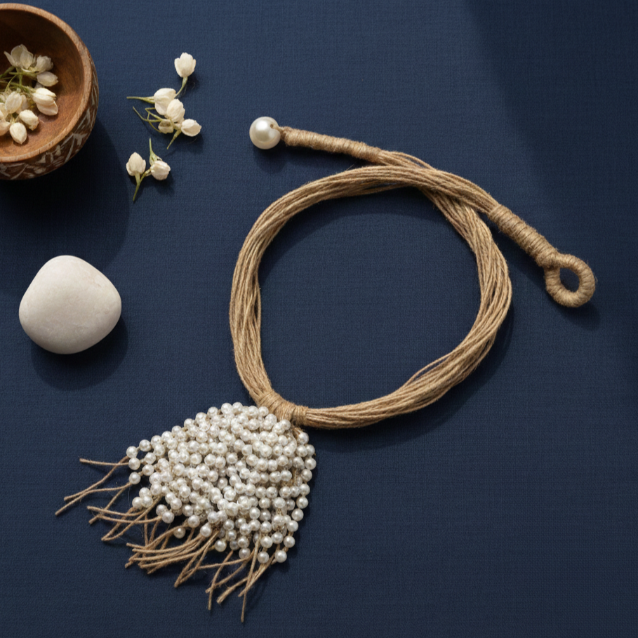 Multi-Strand Jute Necklace With Pearl