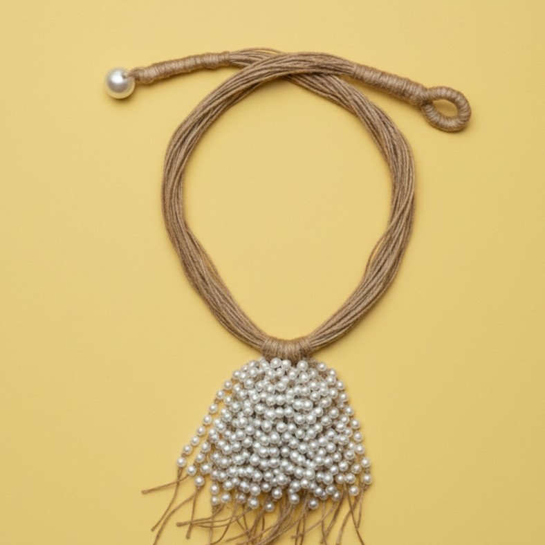 Multi-Strand Jute Necklace With Pearl