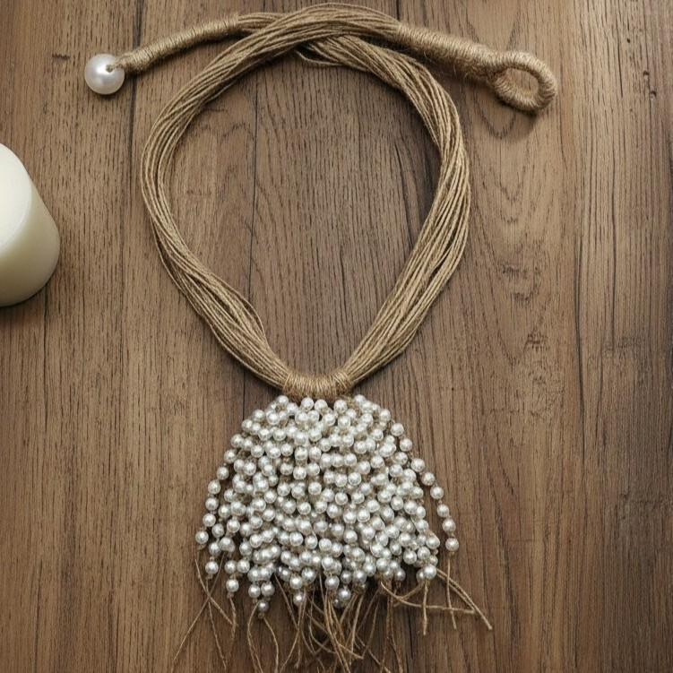 Multi-Strand Jute Necklace With Pearl