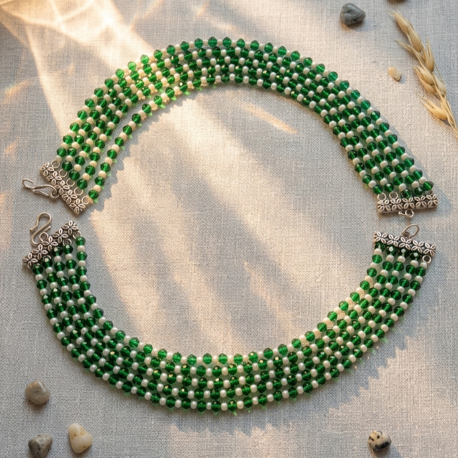 Green & White Bead Layered Ear Jewelry
