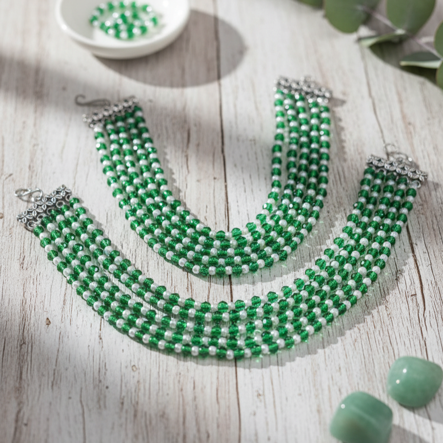 Green & White Bead Layered Ear Jewelry
