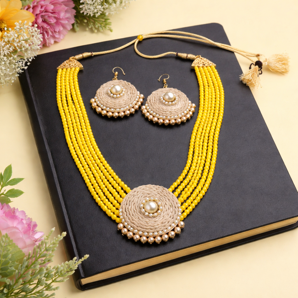 Multilayer Beads & Jute Necklace Set