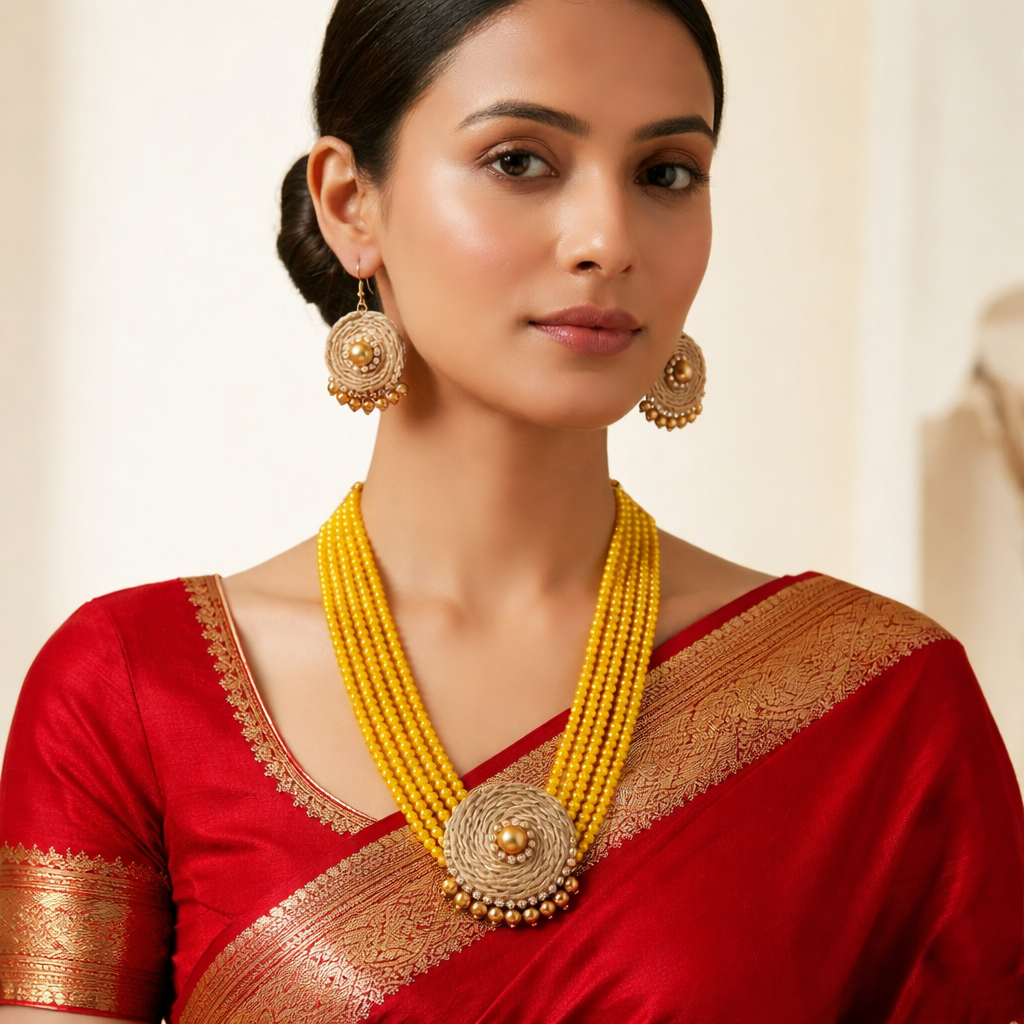 Multilayer Beads & Jute Necklace Set