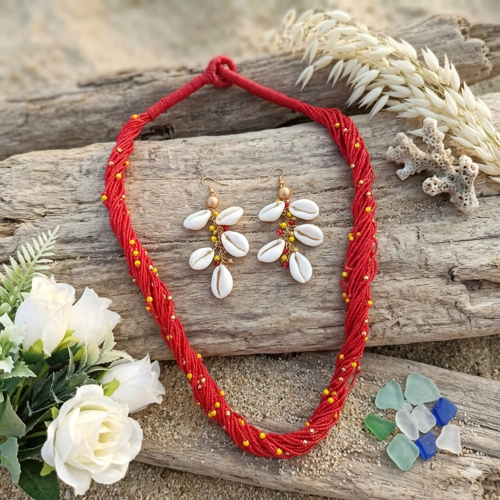 Handmade Red Jute Layered Necklace Set