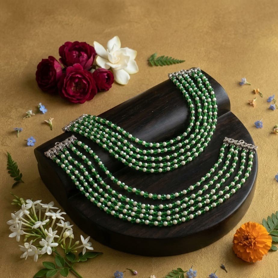 Green & White Bead Layered Ear Jewelry