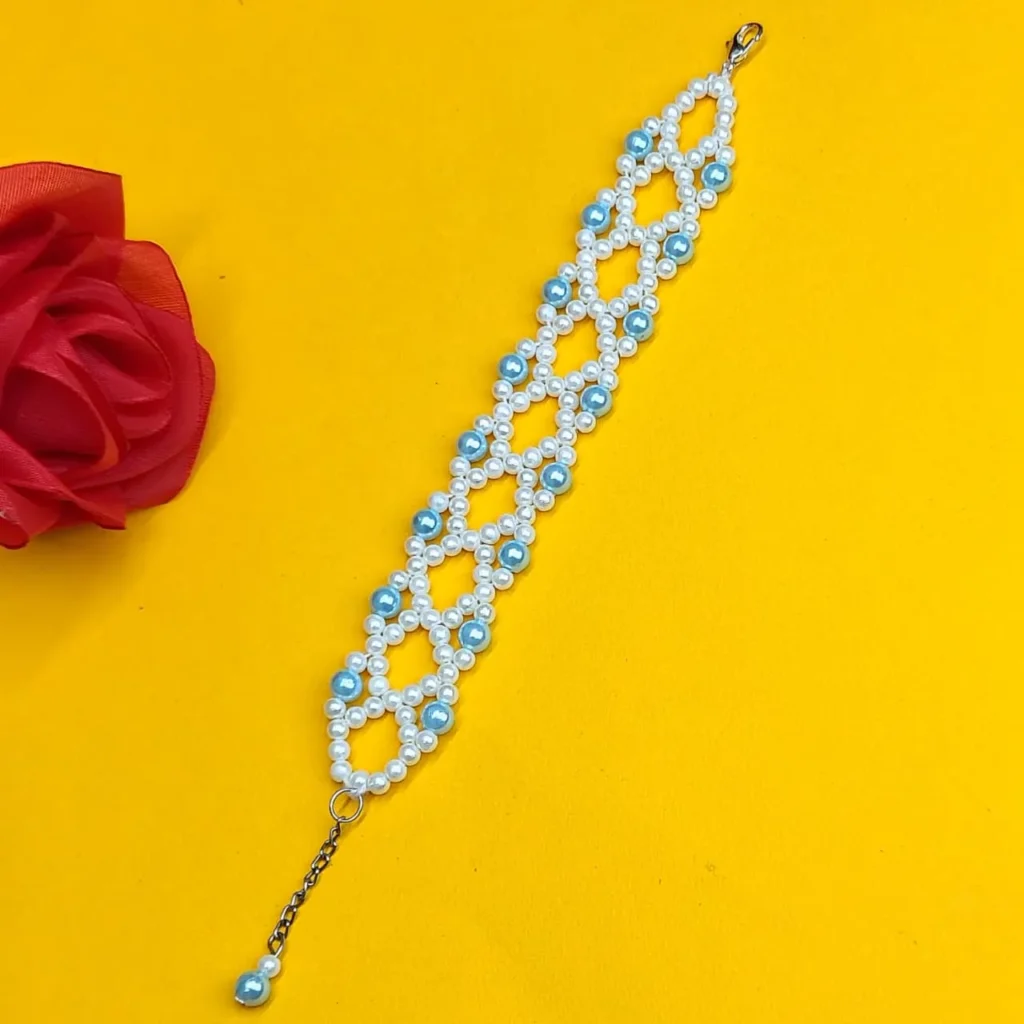 White & Pastel Blue Beaded Wide Bracelet