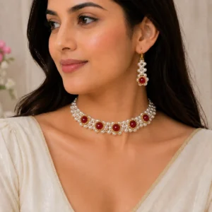 White Pearl & Red Beaded Floral Choker Set